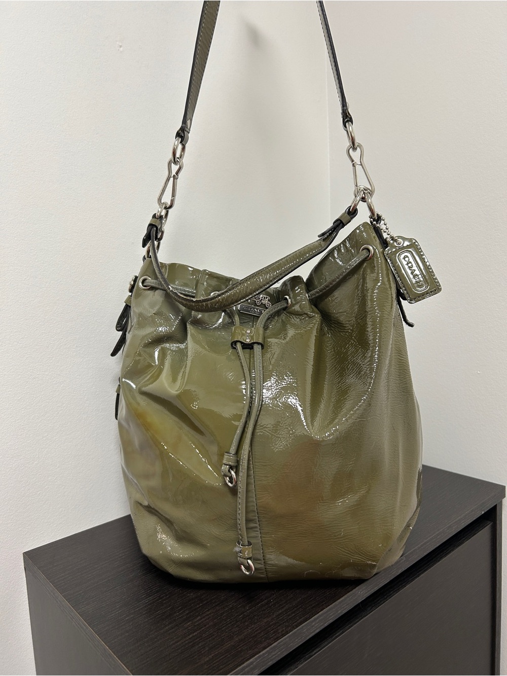 Coach Olive Patent Leather Drawstring Hobo with Silver Hardware